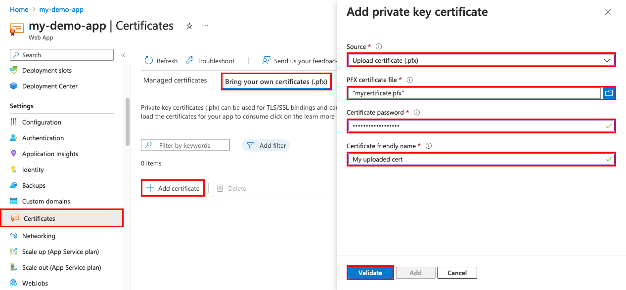Screenshot che mostra la pagina di gestione delle app con Certificati, Bring your own certificates (.pfx) e Upload certificate .pfx selezionata.