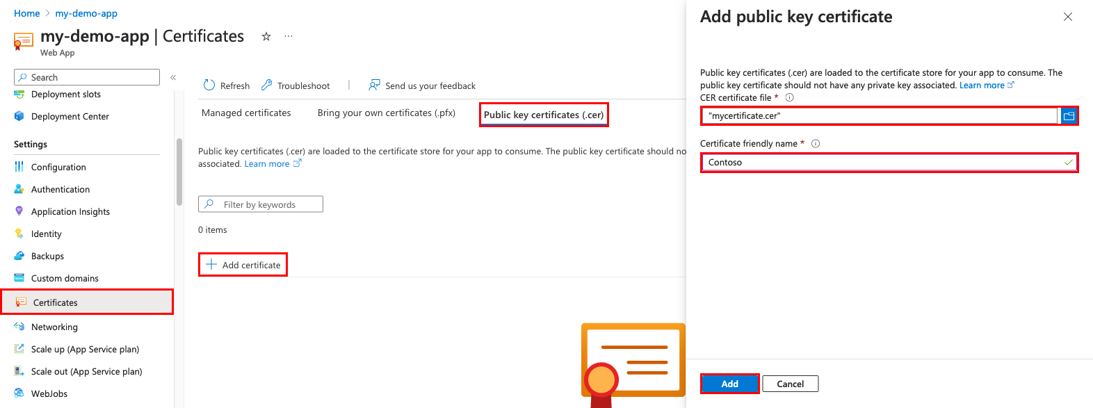Screenshot che mostra la pagina di gestione delle app. Mostra il certificato di chiave pubblica da caricare e il relativo nome.