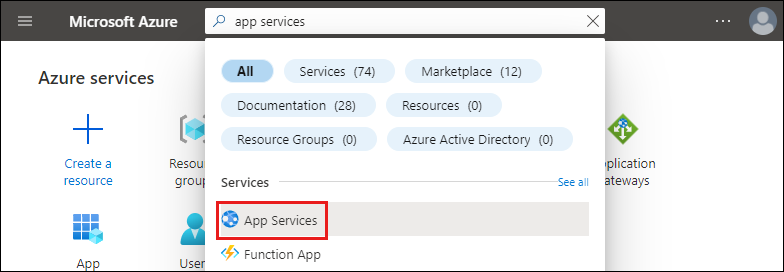 Screenshot del portale di Azure con i servizi app digitati nella casella di testo di ricerca.