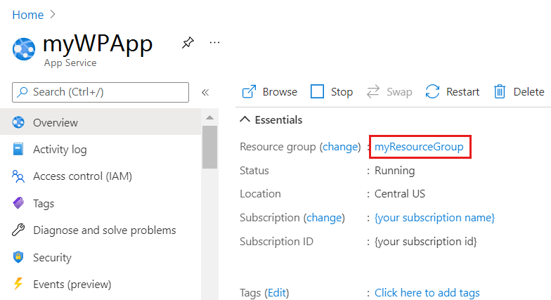 Gruppo di risorse nella pagina panoramica di App Service.