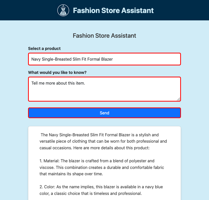 Screenshot che mostra l'app Fashion Assistant in esecuzione nel browser.