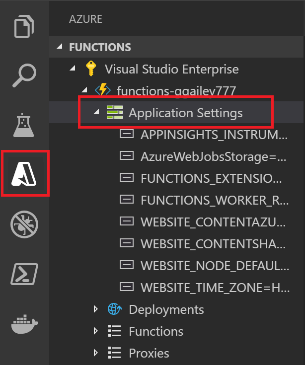 Screenshot per la visualizzazione delle impostazioni dell'app per le funzioni in Visual Studio Code.