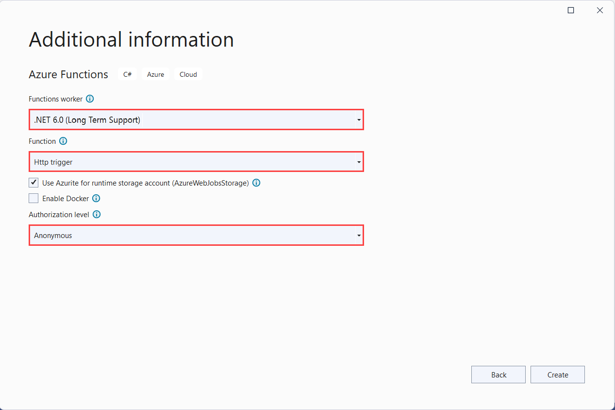 Screenshot delle impostazioni del progetto di Funzioni di Azure per il modello in-process.