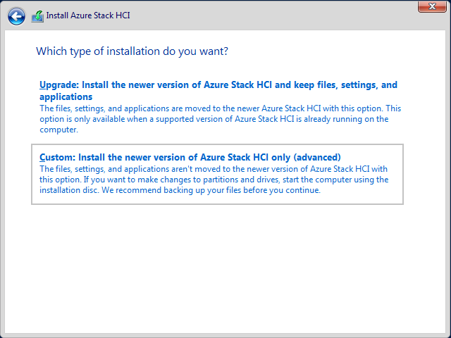 Screenshot della pagina della lingua della procedura guidata Tipo di installazione Azure Stack HCI.