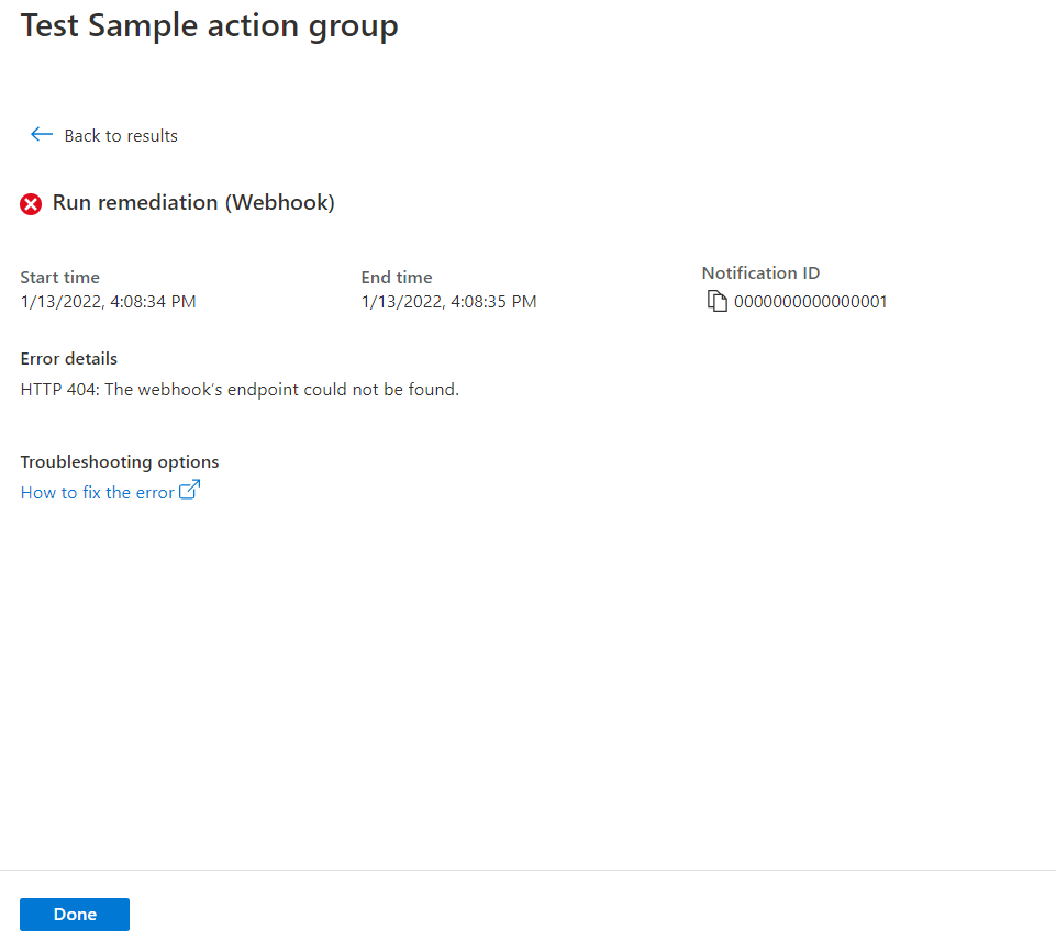Screenshot che mostra la pagina Esempio di test gruppo di azioni che mostra un test non riuscito.