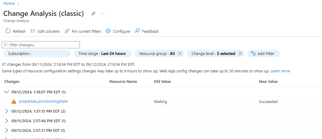 Screenshot che mostra il riquadro Analisi modifiche (versione classica) nel portale di Azure.