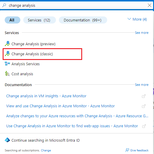 Screenshot che mostra come eseguire la ricerca di Analisi delle modifiche (versione classica) nel portale di Azure.