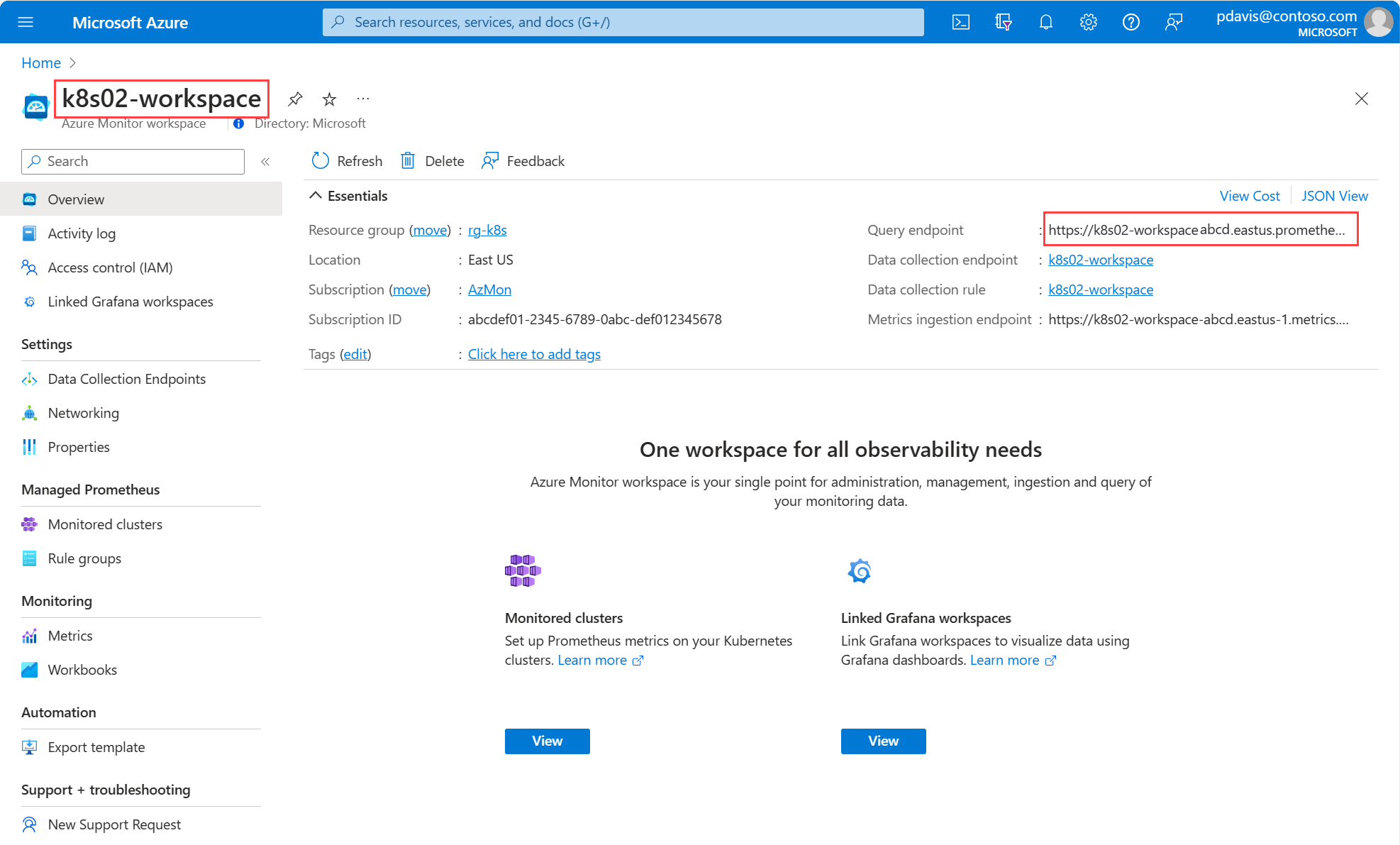 Screenshot che mostra una pagina di panoramica dell'area di lavoro di Monitoraggio di Azure.