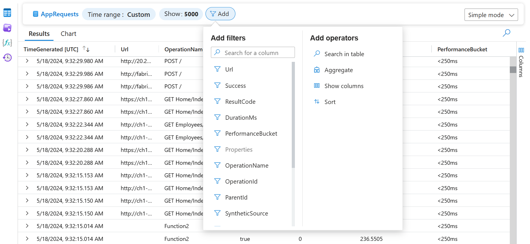 Screenshot che mostra il menu Aggiungi filtri visualizzato quando si seleziona Aggiungi in modalità semplice di Log Analytics.
