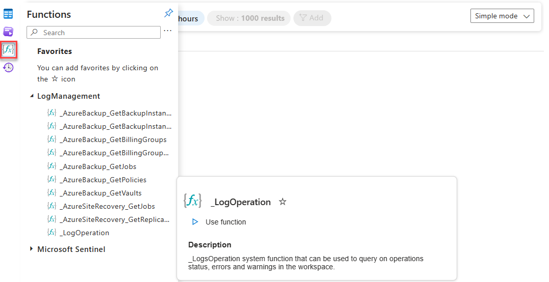 Screenshot che mostra la scheda funzioni in Log Analytics.