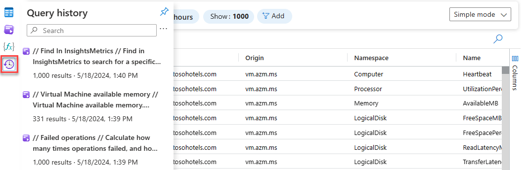 Screenshot che mostra la cronologia delle query in Log Analytics.