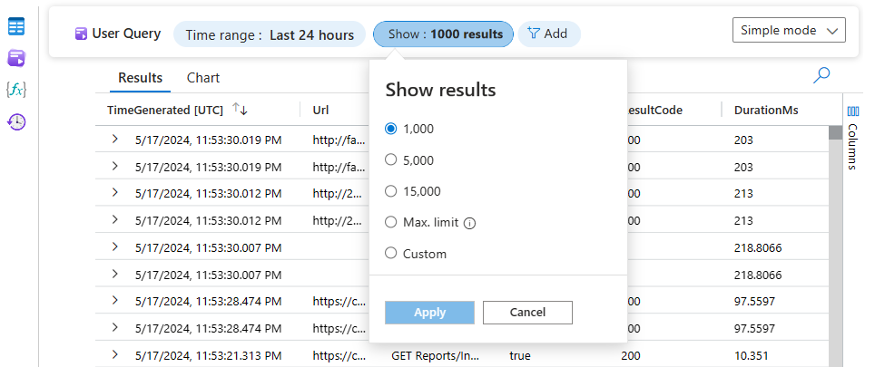 Screenshot che mostra la finestra dei risultati limite in Log Analytics.