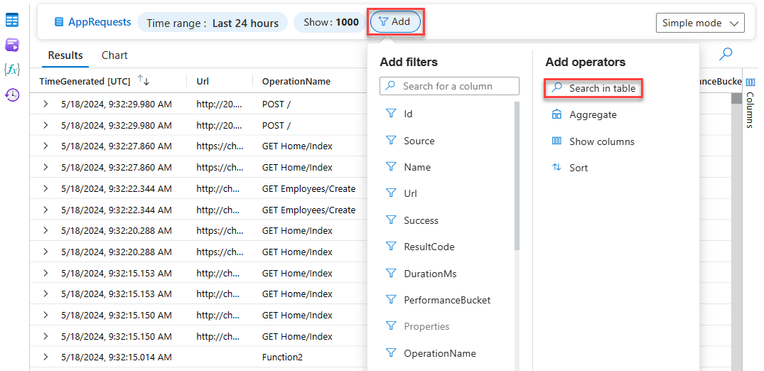 Screenshot che mostra l'opzione Di ricerca in modalità semplice di Log Analytics.
