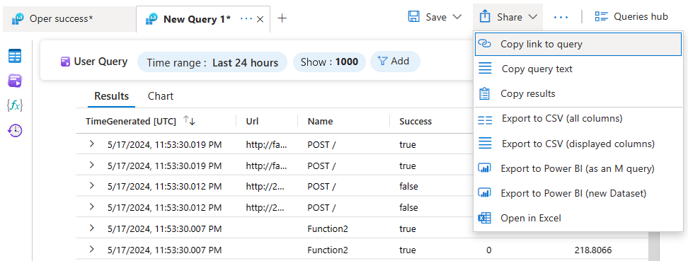 Screenshot che mostra la finestra Condividi in Log Analytics.