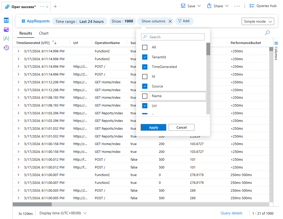 Screenshot che mostra la finestra Mostra colonne in Log Analytics.