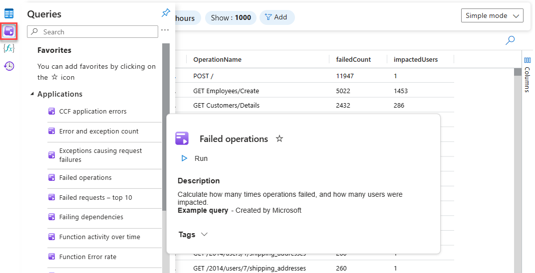 Screenshot che mostra una query di esempio in Log Analytics.