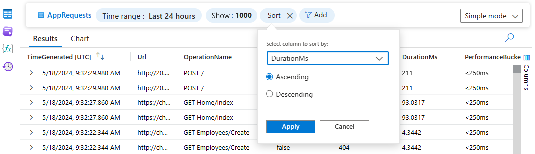 Screenshot che mostra la finestra Ordina per colonna in Log Analytics.
