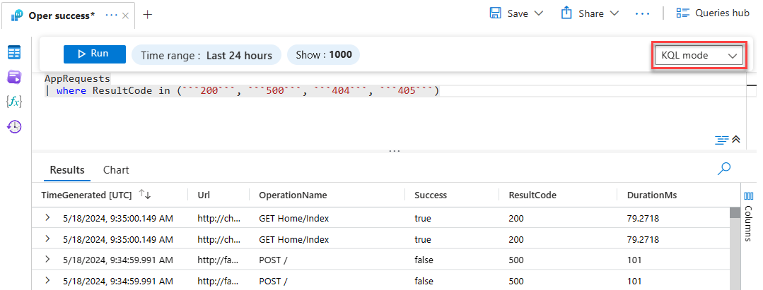 Screenshot che mostra una query in modalità KQL di Log Analytics.