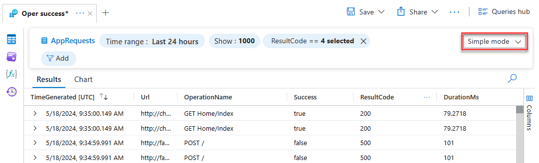 Screenshot che mostra come passare dalla modalità semplice alla modalità KQL in Log Analytics.