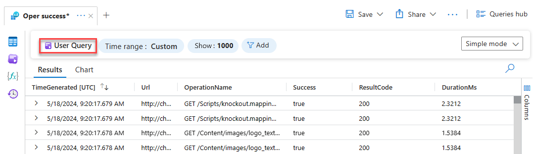 Screenshot che mostra il pulsante Query utente, che consente di tornare all'editor di query quando si è in modalità semplice.