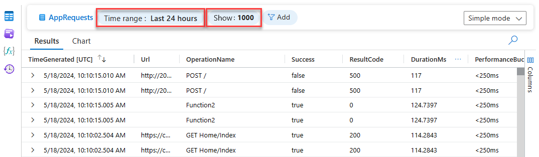 Screenshot che mostra l'intervallo di tempo e i selettori limite in Log Analytics.