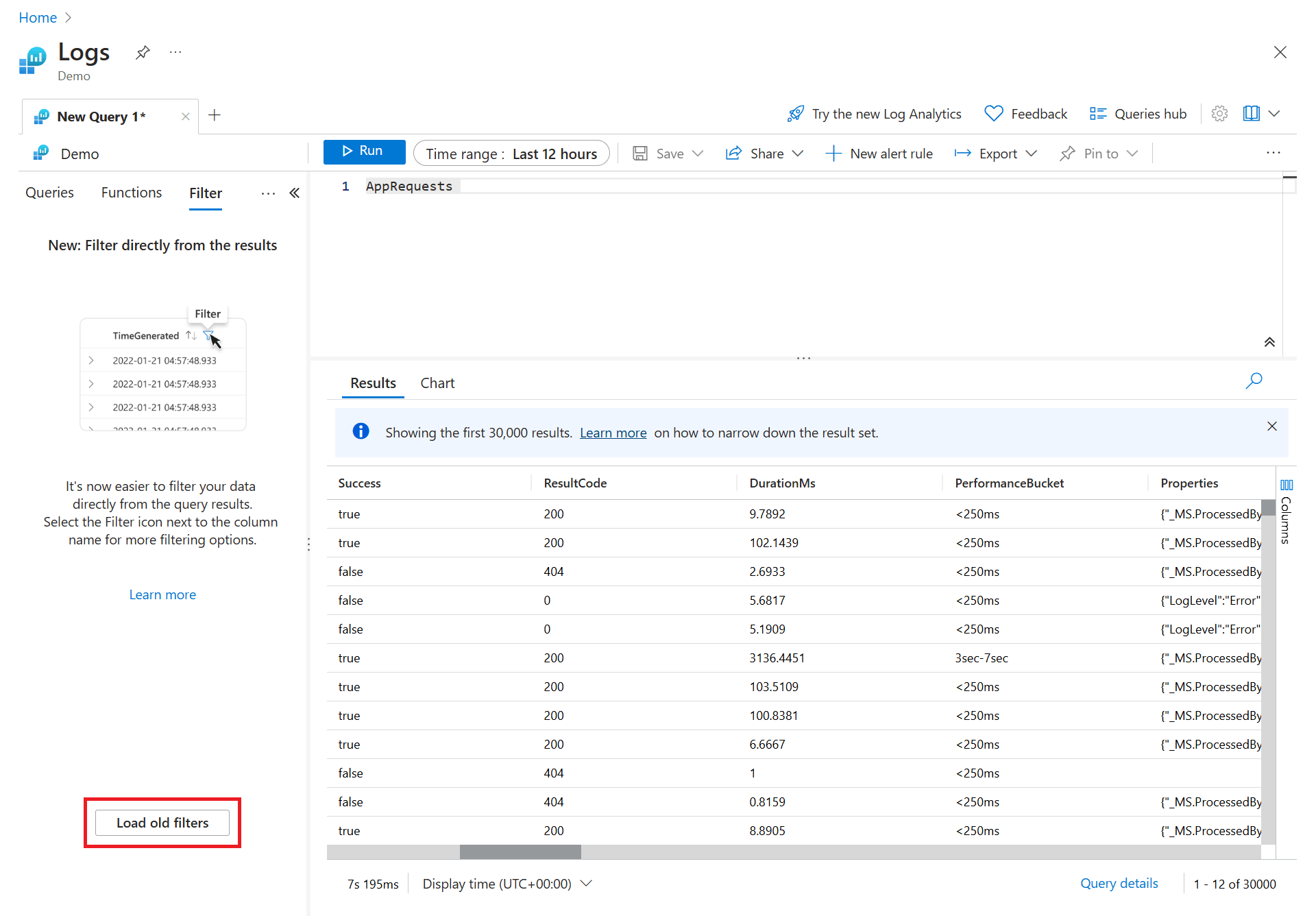 Screenshot che mostra la scheda query con l'opzione per caricare i filtri precedenti.