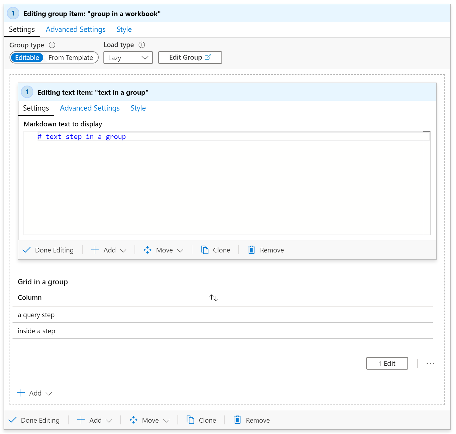 Screenshot che mostra un gruppo in modalità di modifica in una cartella di lavoro.