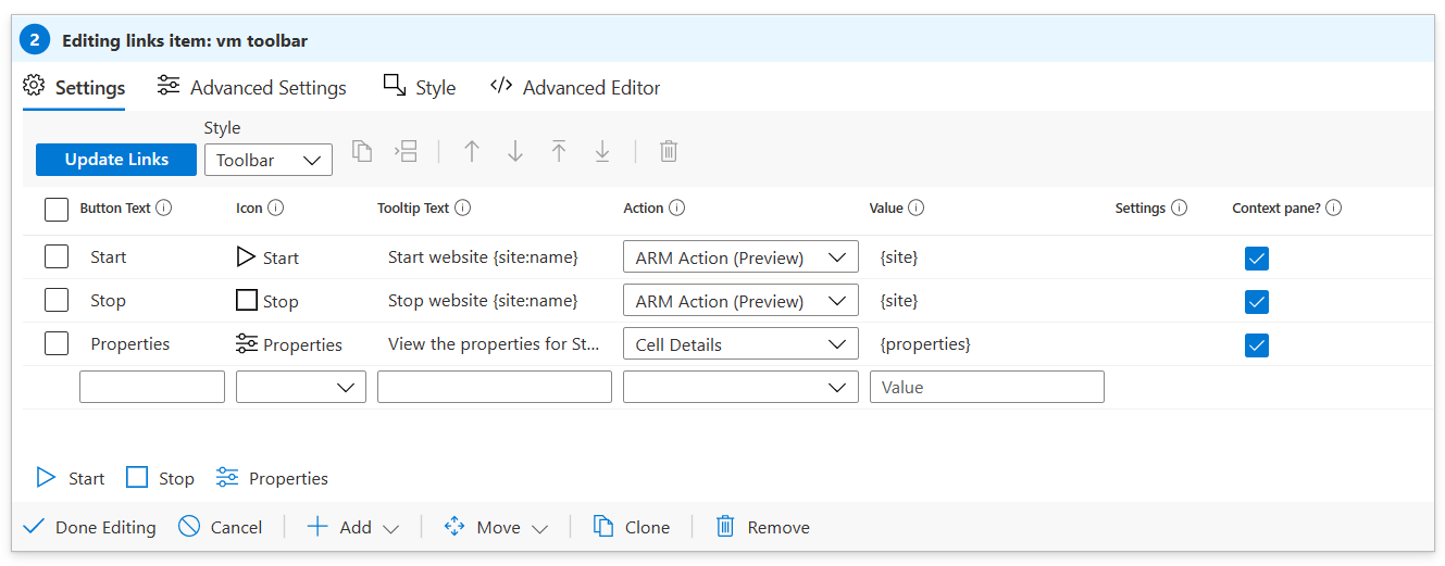 Screenshot che mostra la creazione di collegamenti in stile barra degli strumenti nelle cartelle di lavoro.