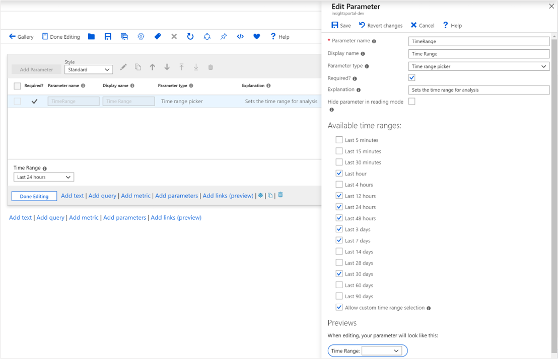 Screenshot che mostra la creazione di un parametro di intervallo di tempo.