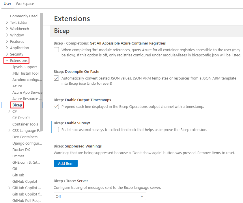 Screenshot della configurazione delle impostazioni dell'estensione Bicep.