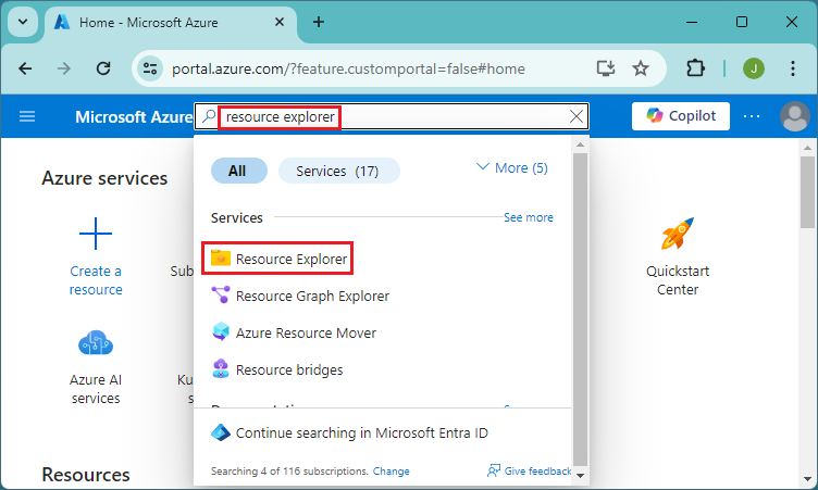 Screenshot della selezione di Tutti i servizi nel portale di Azure per accedere ad Azure Resource Explorer.