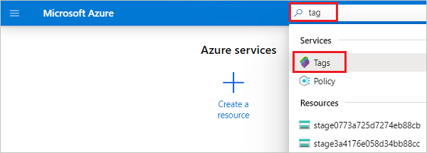 Screenshot di portale di Azure barra di ricerca con 'tag' immessi e selezionati dalle opzioni disponibili.