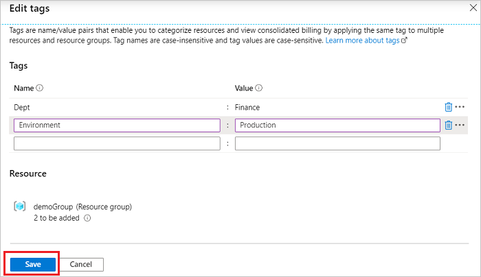 Screenshot di portale di Azure con il pulsante Salva evidenziato dopo l'aggiunta di tag.