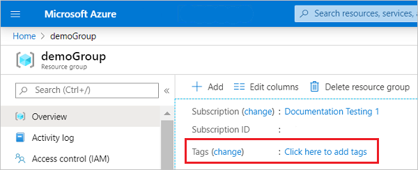 Screenshot di portale di Azure che mostra i tag per un gruppo di risorse.