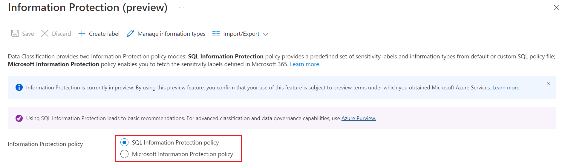 Screenshot dei tipi di criteri per la protezione delle informazioni.