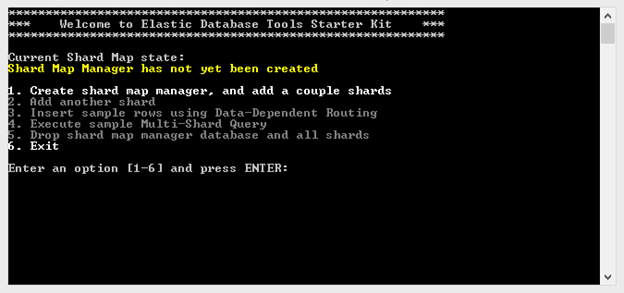 Screenshot del prompt dei comandi dello starter kit di Elastic Database Tools.