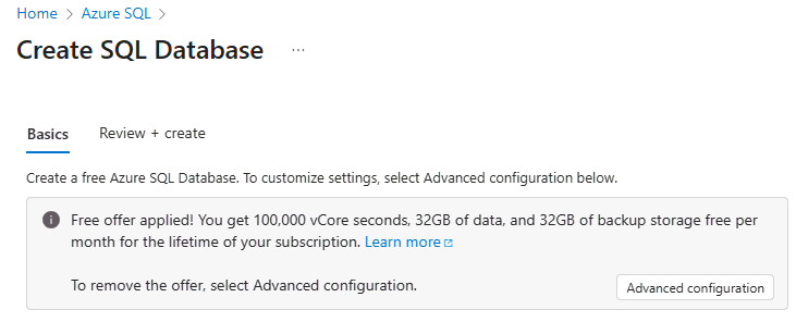 Screenshot del banner dell'offerta gratuita applicata nel portale Azure.