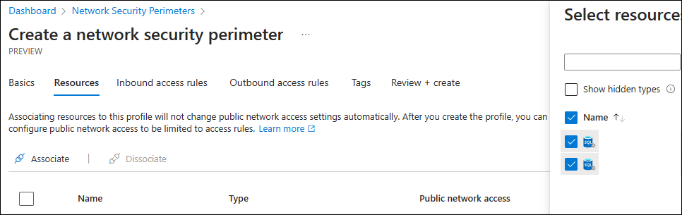 Screenshot della creazione di un perimetro di sicurezza di rete nel portale di Azure.