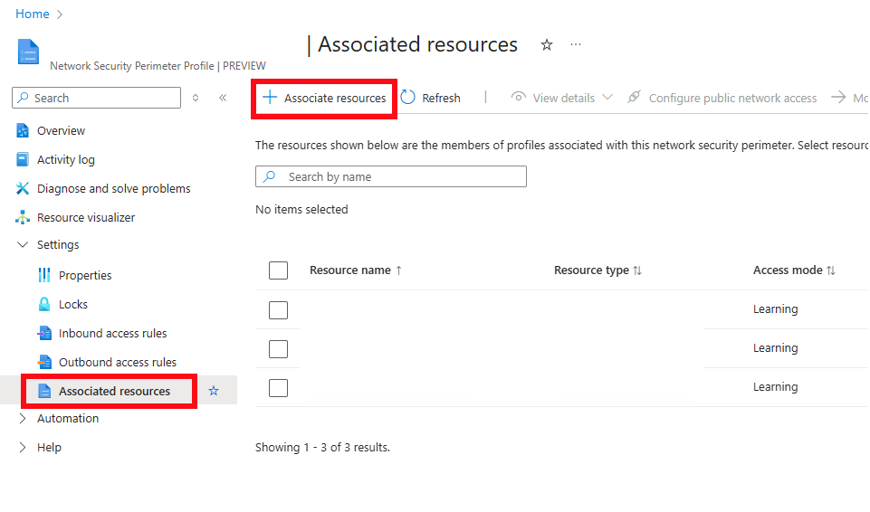 Screenshot delle risorse associate per il perimetro di sicurezza di rete nel portale di Azure.