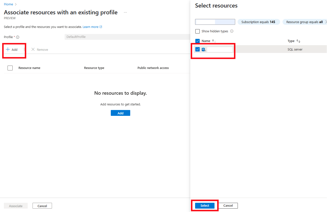 Screenshot dell'aggiunta di una risorsa associata per il perimetro di sicurezza di rete nel portale di Azure.