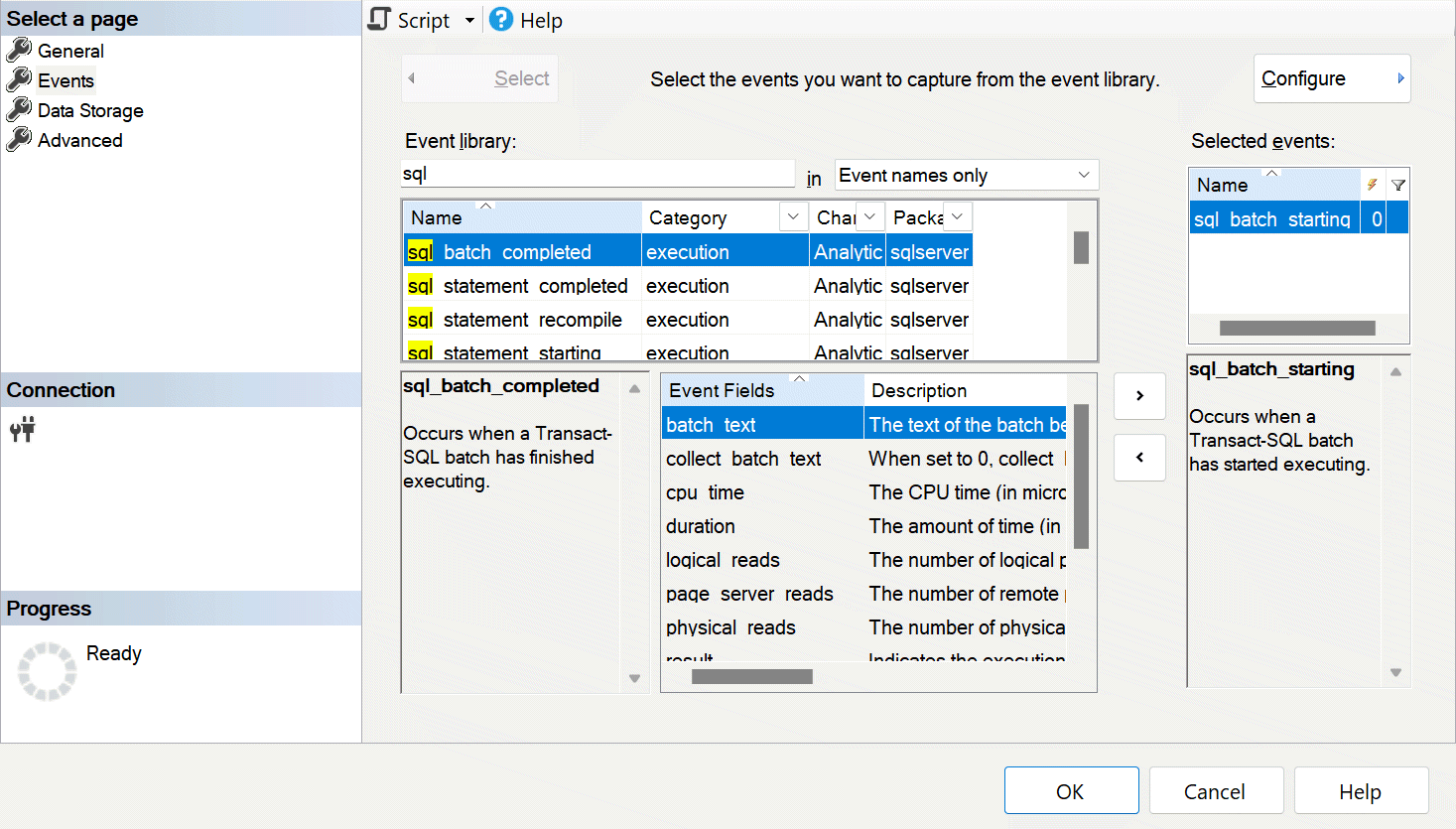 Screenshot della finestra di dialogo Nuova Sessione SSMS che mostra la pagina di selezione dell'evento con l'evento sql_batch_starting selezionato.