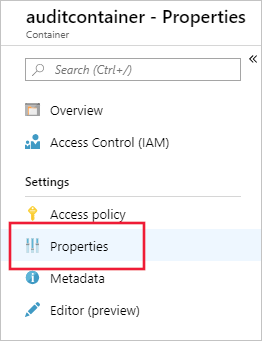 Screenshot che mostra il pulsante delle proprietà del Contenitore Blob.