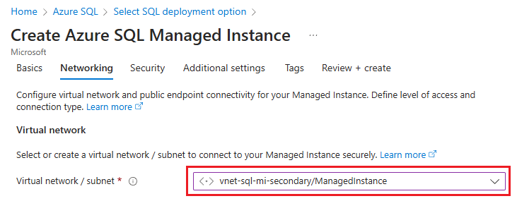 Screenshot che evidenzia la rete che hai creato per utilizzare con l'istanza secondaria nel portale di Azure.