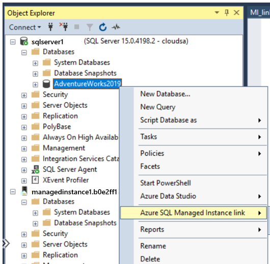 Screenshot che mostra l'opzione di collegamento Azure SQL Managed Instance nel menu di scelta rapida.
