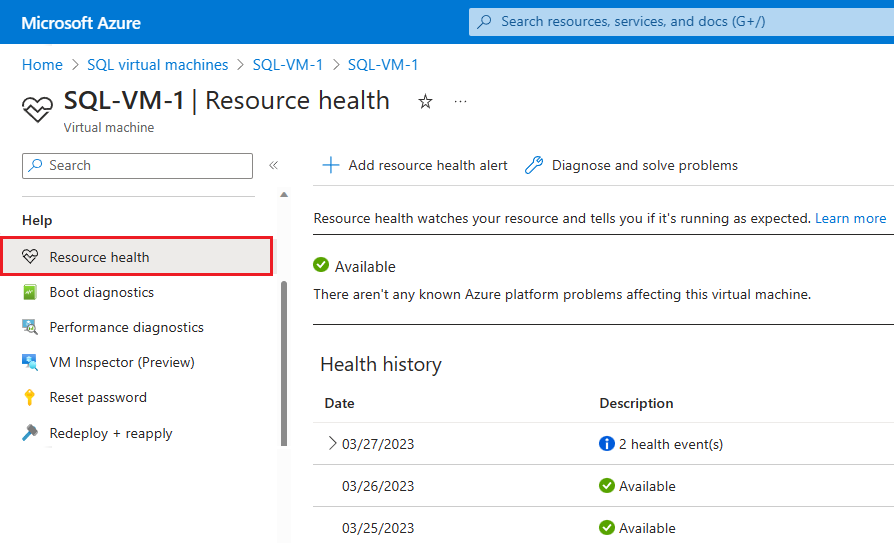 Screenshot della pagina Stato delle risorse nel portale di Azure.