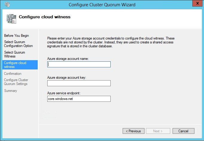 Snapshot della finestra di configurazione di Cloud Witness nella procedura guidata del Quorum del cluster