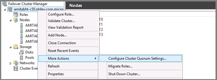 Snapshot del percorso del menu per configurare le impostazioni del quorum del cluster nell'interfaccia utente di Gestione Cluster di Failover