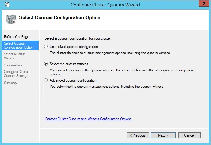 Snapshot del pulsante di opzione 'Selezionare il testimone di quorum' nella procedura guidata Quorum del cluster