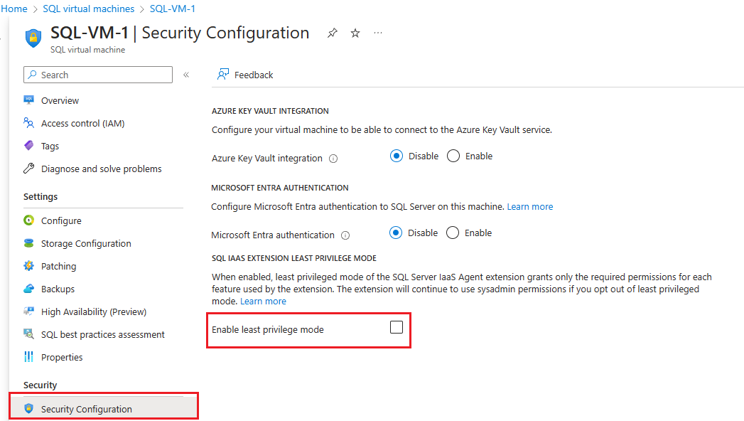 Screenshot della pagina Configurazione sicurezza nella risorsa Macchine virtuali SQL del portale di Azure, con l'opzione di abilitazione dei privilegi minimi evidenziata.