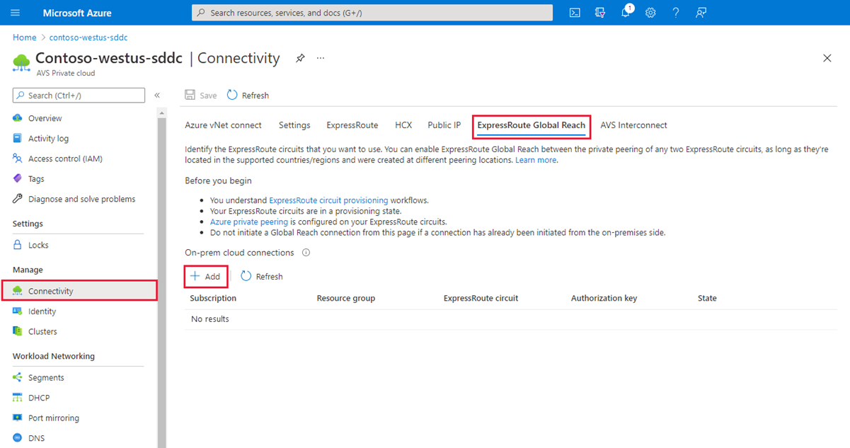 Screenshot che mostra la scheda Copertura globale di ExpressRoute nel cloud privato soluzione Azure VMware.